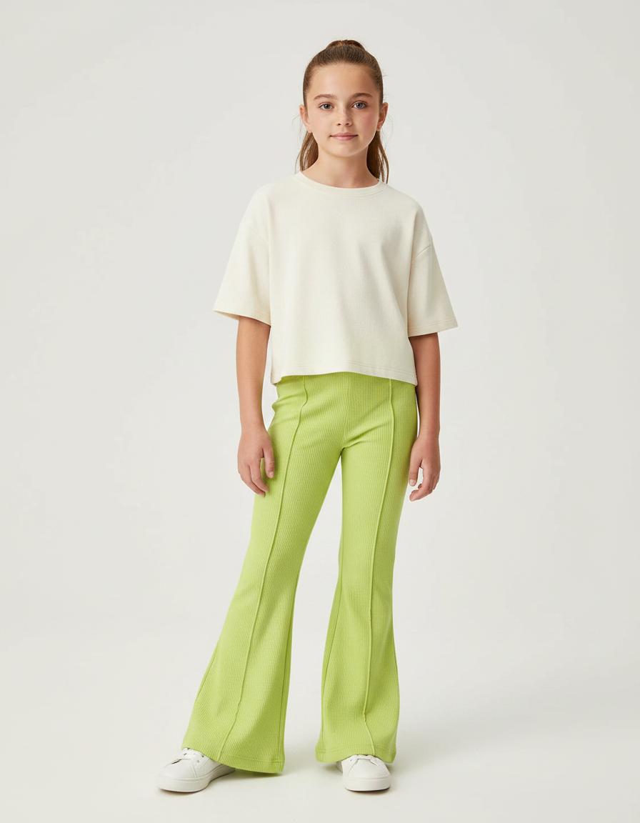 Pantalon Patte D'Éléphant Vert Côtelé Confortable Fille - Maille