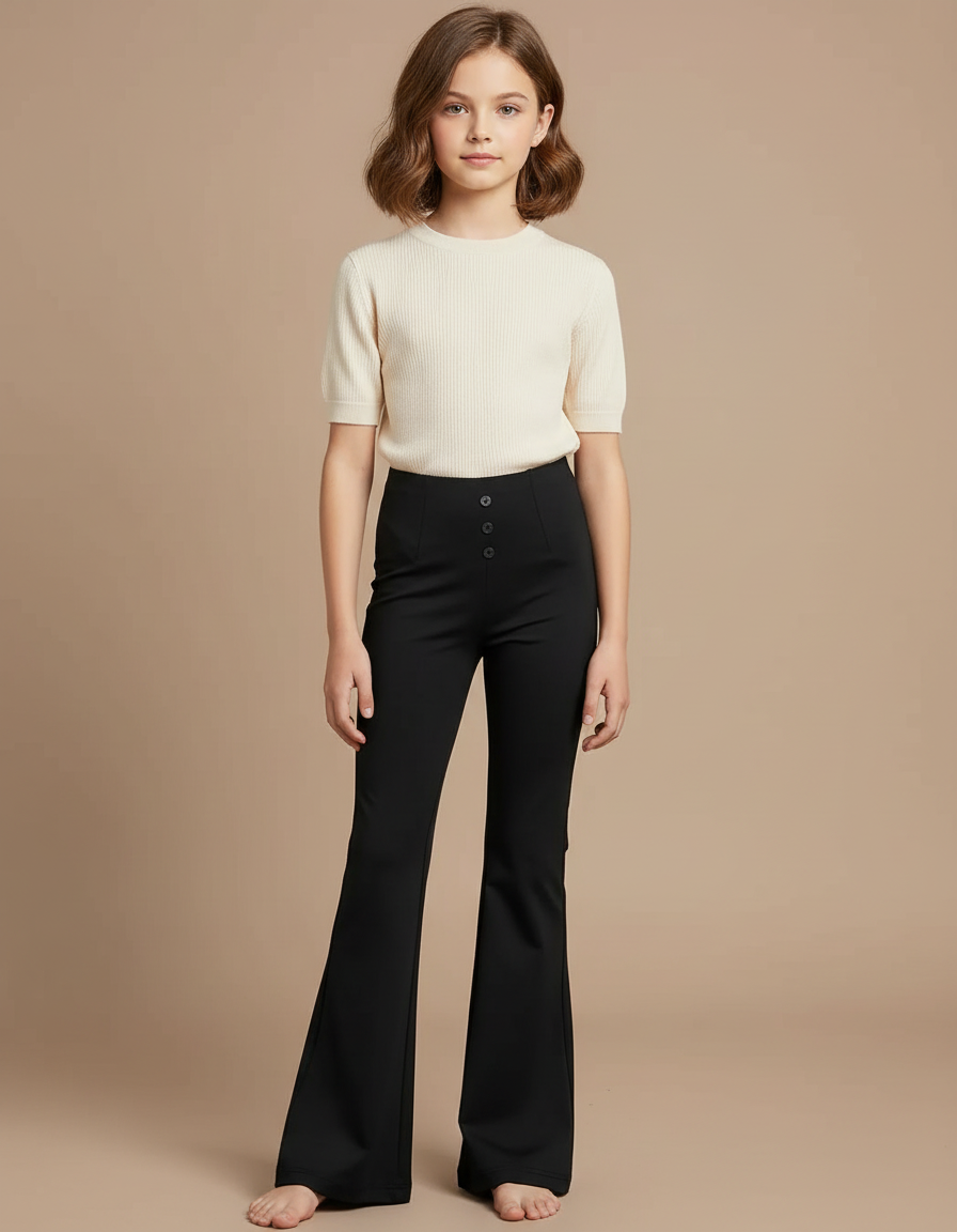 Pantalon Patte D'Éléphant Noir Taille Haute Boutons Évasé - Polyester