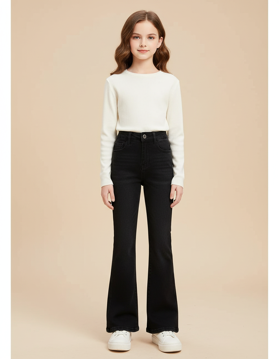 Pantalon Patte D'Éléphant Noir Jean Évasé Fille Hiver