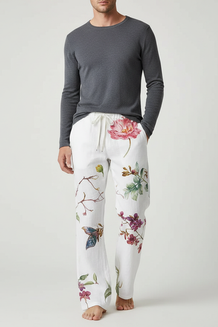 Pantalon Patte D'Éléphant Blanc Floral Ample Confortable Lin