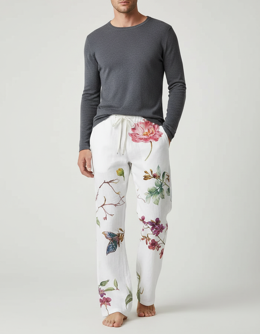 Pantalon Patte D'Éléphant Blanc Floral Ample Confortable Lin