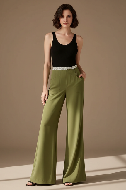 Pantalon Patte D'Éléphant Vert Fluide Taille Haute Décontracté - Polyester
