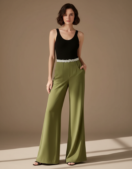 Pantalon Patte D'Éléphant Vert Fluide Taille Haute Décontracté - Polyester