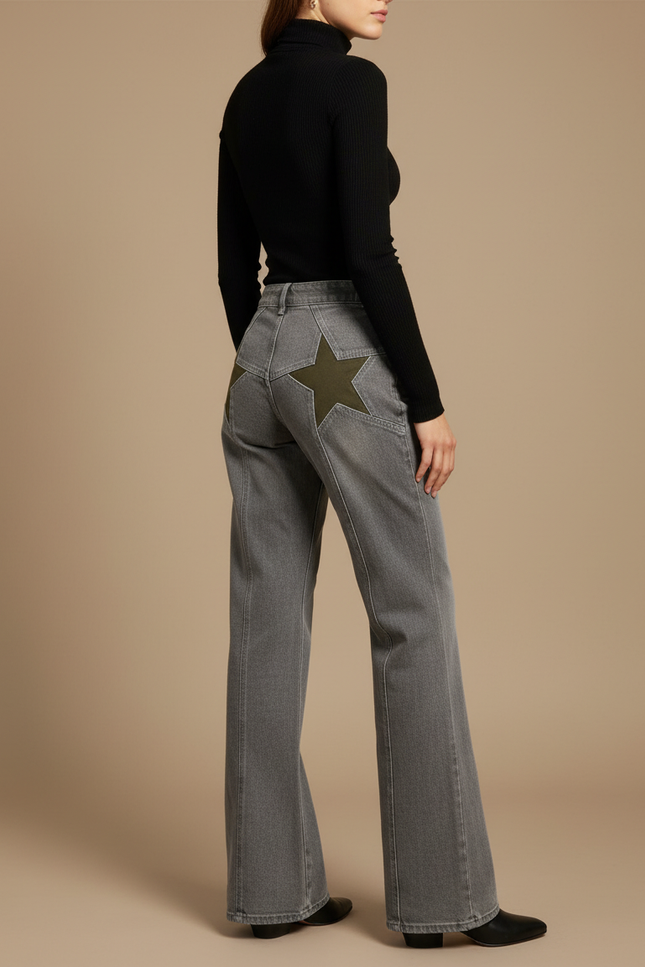 Pantalon Patte D'Éléphant Jean Gris Étoile Vert Ample