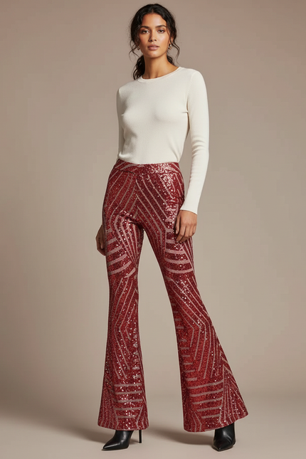 Pantalon Patte D'Éléphant Rouge Pailleté Motif Géométrique Évasé - Maille