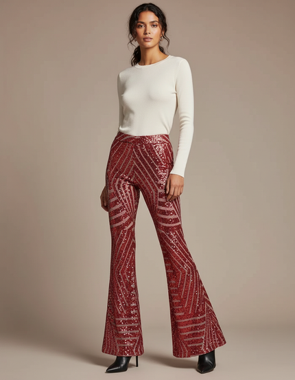 Pantalon Patte D'Éléphant Rouge Pailleté Motif Géométrique Évasé - Maille