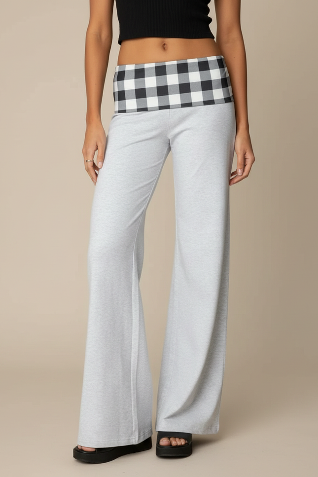 Pantalon Patte D'Éléphant Gris Plaid Confortable Évasé - Molleton