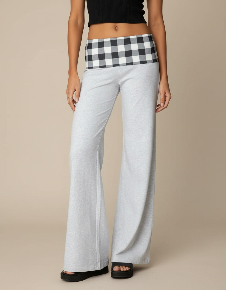 Pantalon Patte D'Éléphant Gris Plaid Confortable Évasé - Molleton