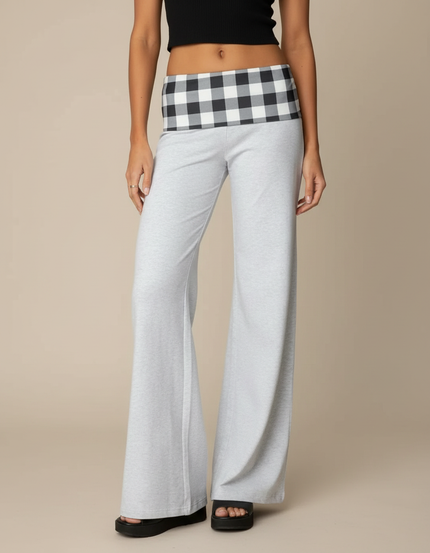 Pantalon Patte D'Éléphant Gris Plaid Confortable Évasé - Molleton