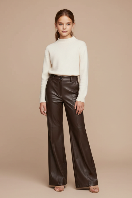 Pantalon Patte D'Éléphant Marron Similicuir Taille Haute Chic - Simili cuir
