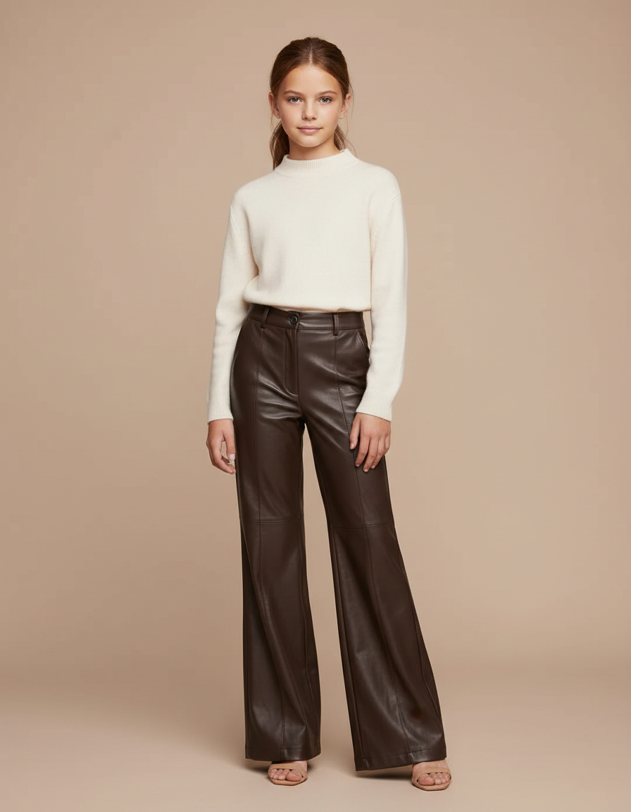 Pantalon Patte D'Éléphant Marron Similicuir Taille Haute Chic - Simili cuir