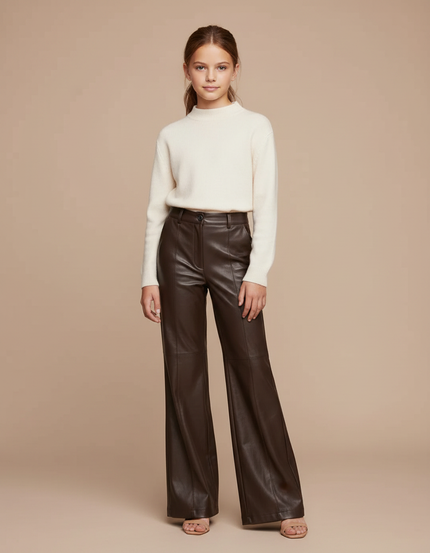 Pantalon Patte D'Éléphant Marron Similicuir Taille Haute Chic - Simili cuir