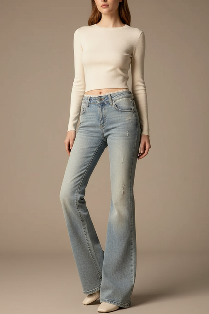 Pantalon Patte D'Éléphant Bleu Délavé Taille Basse Déchiré - Jean