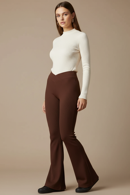 Pantalon Patte D'Éléphant Marron Côtelé Ajusté Taille Haute - Maille