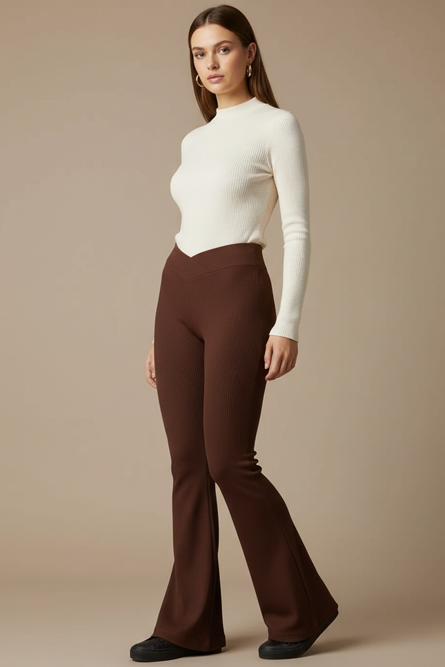 Pantalon Patte D'Éléphant Marron Côtelé Ajusté Taille Haute - Maille