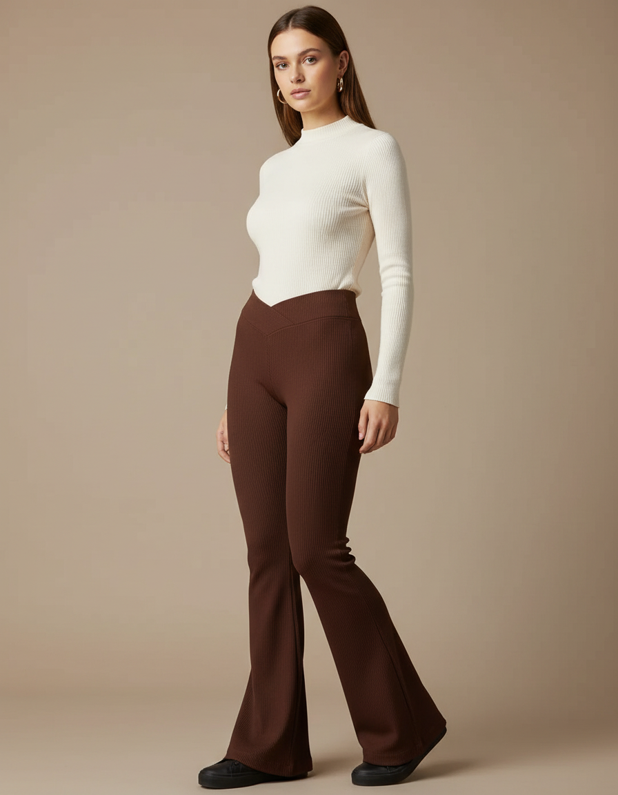 Pantalon Patte D'Éléphant Marron Côtelé Ajusté Taille Haute - Maille