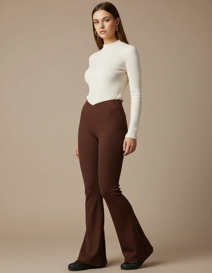 Pantalon Patte D'Éléphant Marron Côtelé Ajusté Taille Haute - Maille