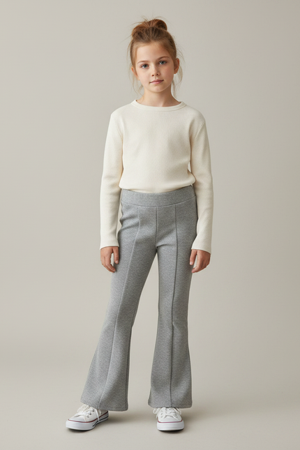 Pantalon Patte D'Éléphant Gris Chiné Côtelé Confortable Fille - Molleton