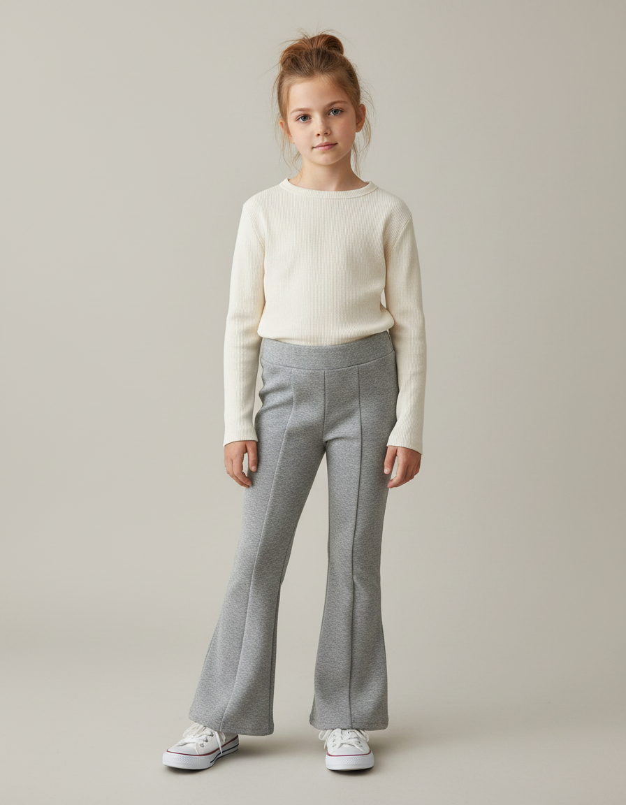 Pantalon Patte D'Éléphant Gris Chiné Côtelé Confortable Fille - Molleton