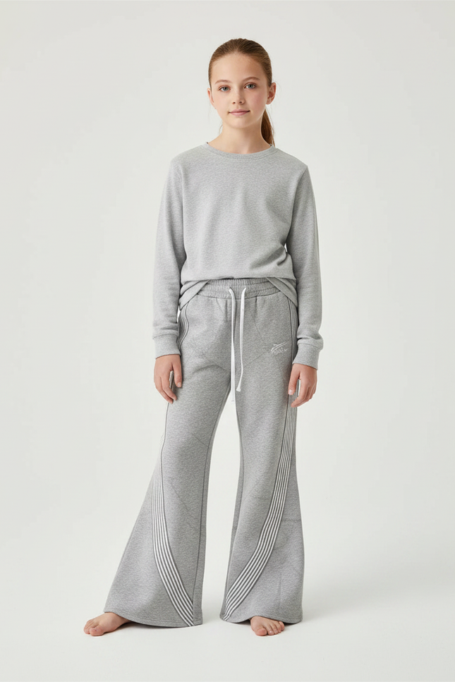Pantalon Patte D'Éléphant Gris Sportif Évasé Rayures Blanches - Molleton