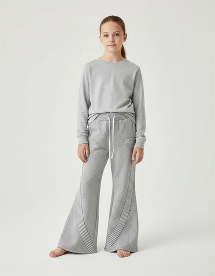 Pantalon Patte D'Éléphant Gris Sportif Évasé Rayures Blanches - Molleton