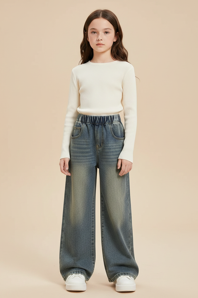 Pantalon Patte D'Éléphant Large Délavé Bleu Enfant Décontracté - Jean