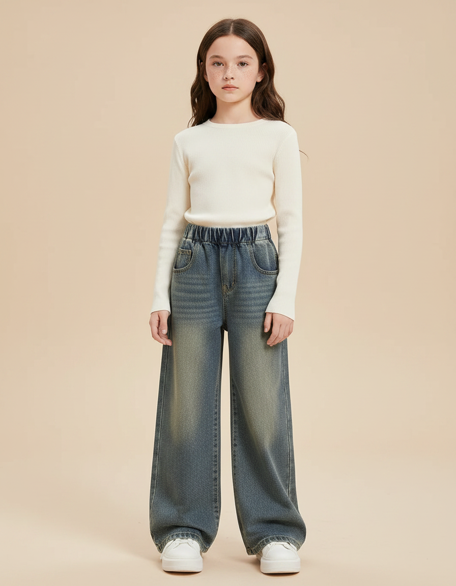 Pantalon Patte D'Éléphant Large Délavé Bleu Enfant Décontracté - Jean