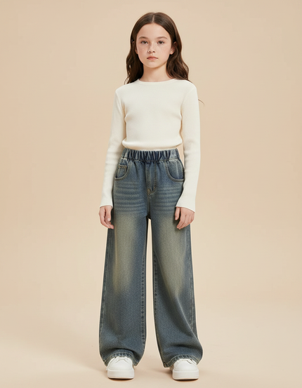 Pantalon Patte D'Éléphant Large Délavé Bleu Enfant Décontracté - Jean