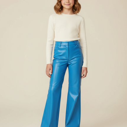 Pantalon Patte D'Éléphant Bleu Similicuir Évasé Taille Haute - Simili cuir