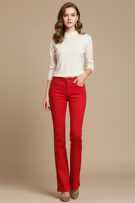 Pantalon Patte D'Éléphant Rouge Taille Haute Stretch Slim Femme - Coton