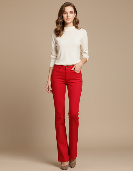 Pantalon Patte D'Éléphant Rouge Taille Haute Stretch Slim Femme - Coton