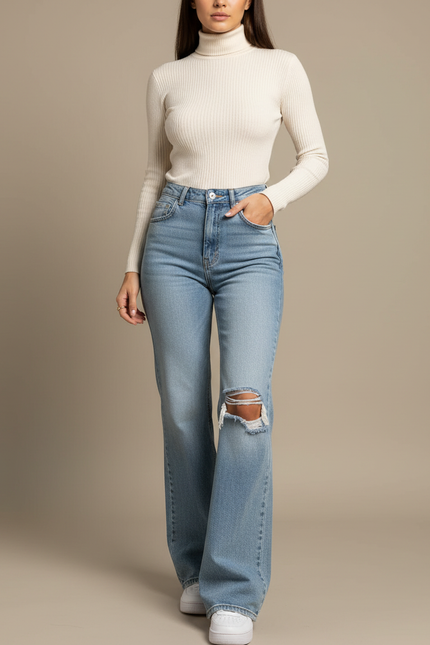 Pantalon Patte D'Éléphant Bleu Clair Délavé Déchiré Évasé - Jean