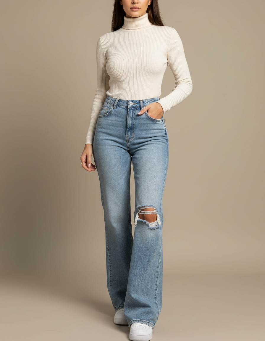 Pantalon Patte D'Éléphant Bleu Clair Délavé Déchiré Évasé - Jean