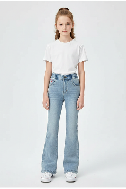 Pantalon Patte D'Éléphant Jean Bleu Clair Évasé Cœur Fille