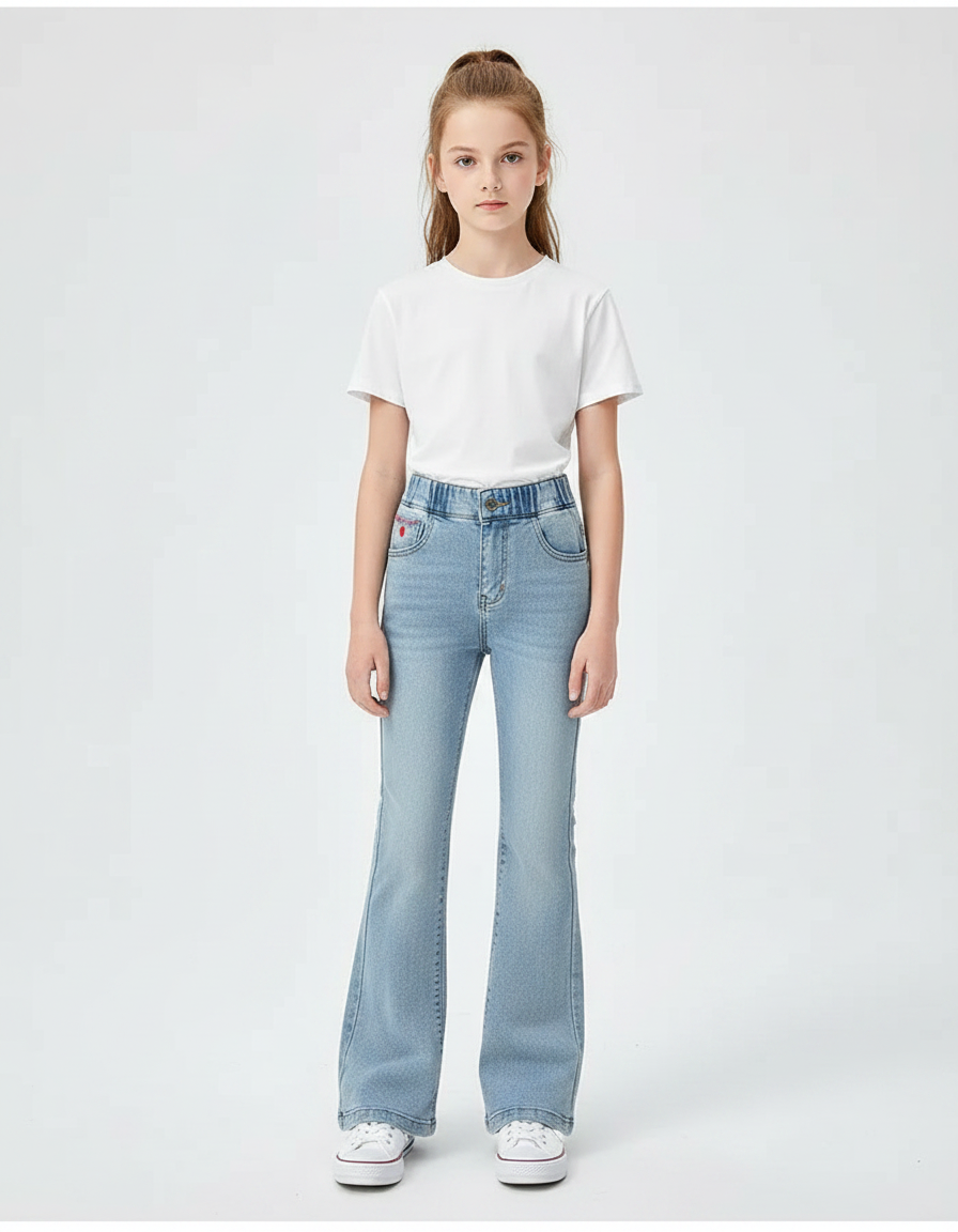 Pantalon Patte D'Éléphant Jean Bleu Clair Évasé Cœur Fille