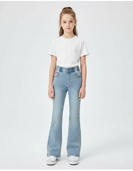 Pantalon Patte D'Éléphant Jean Bleu Clair Évasé Cœur Fille