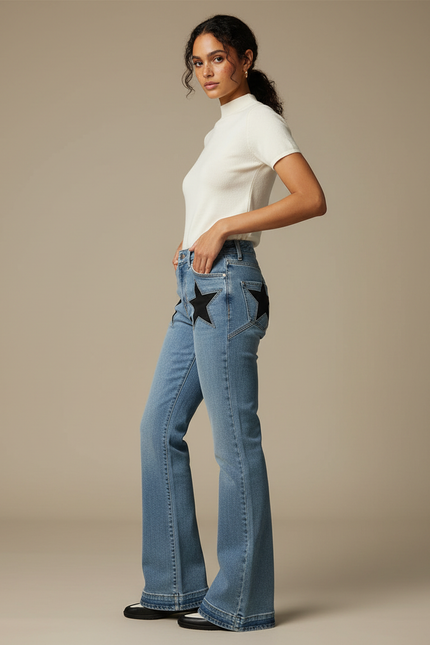 Pantalon Patte D'Éléphant Jean Bleu Étoiles Noires Évasé Femme