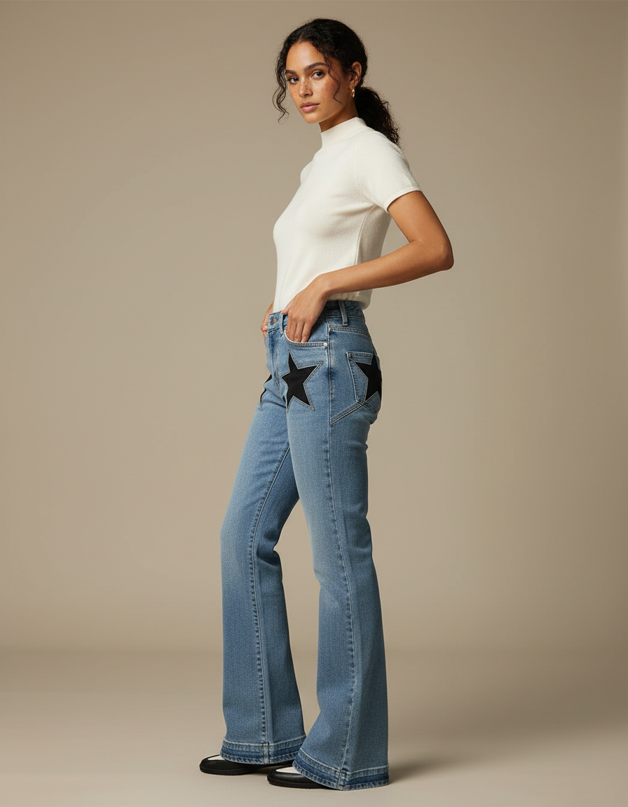 Pantalon Patte D'Éléphant Jean Bleu Étoiles Noires Évasé Femme