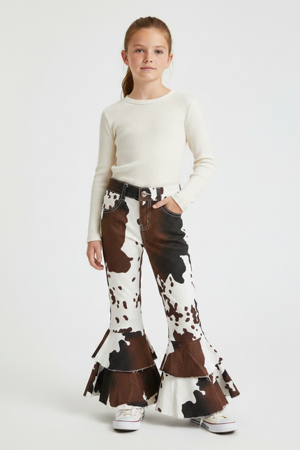 Pantalon Patte D'Éléphant Imprimé Vache Volants Marron Fille - Toile