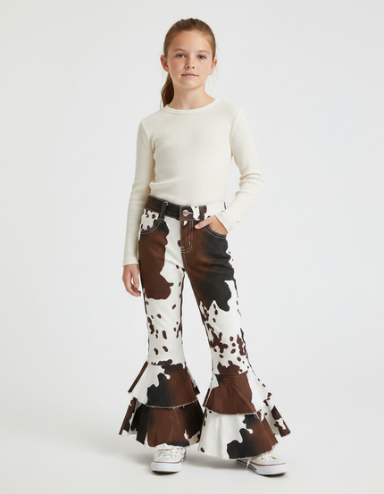 Pantalon Patte D'Éléphant Imprimé Vache Volants Marron Fille - Toile