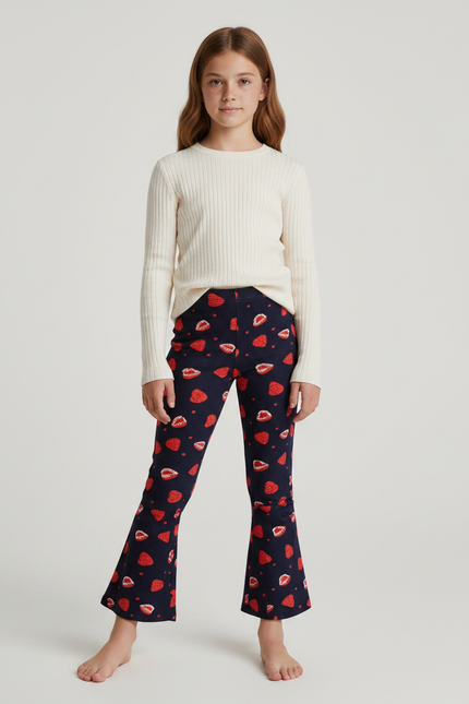 Pantalon Patte D'Éléphant Imprimé Fraises Velours Côtelé Fille - Cordé