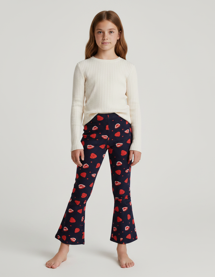 Pantalon Patte D'Éléphant Imprimé Fraises Velours Côtelé Fille - Cordé
