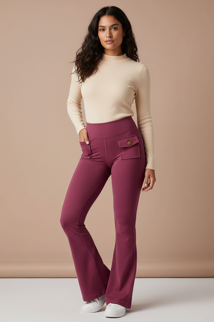 Pantalon Patte D'Éléphant Bordeaux Taille Haute Cargo Sport Fluide - Polyester