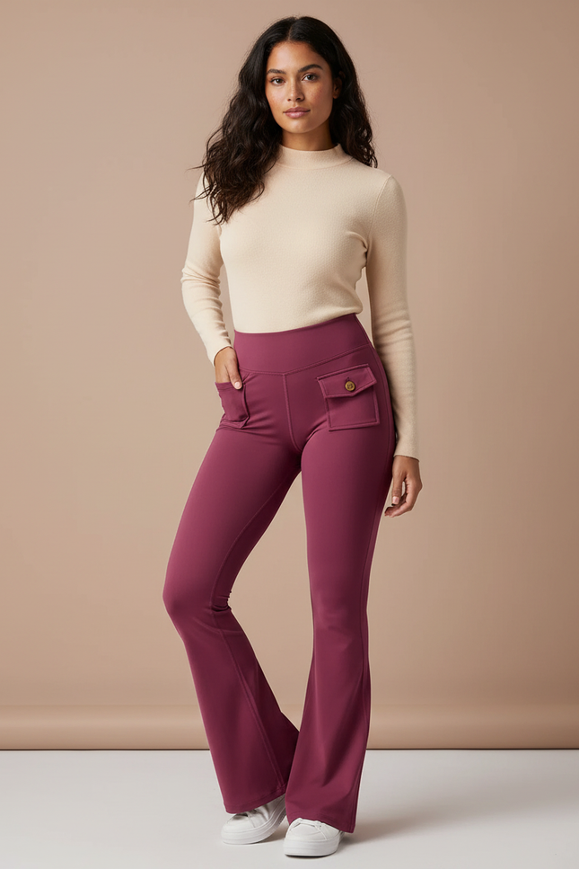 Pantalon Patte D'Éléphant Bordeaux Taille Haute Cargo Sport Fluide - Polyester