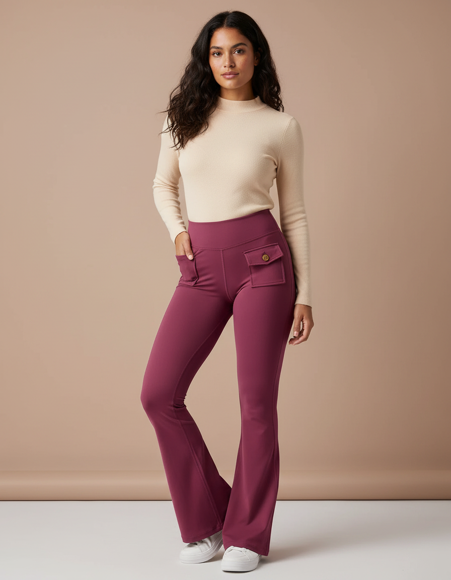 Pantalon Patte D'Éléphant Bordeaux Taille Haute Cargo Sport Fluide - Polyester