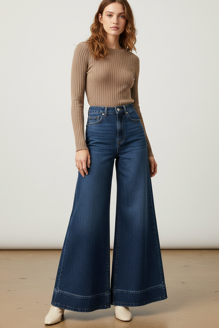 Pantalon Patte D'Éléphant Taille Haute Denim Bleu Ample - Jean