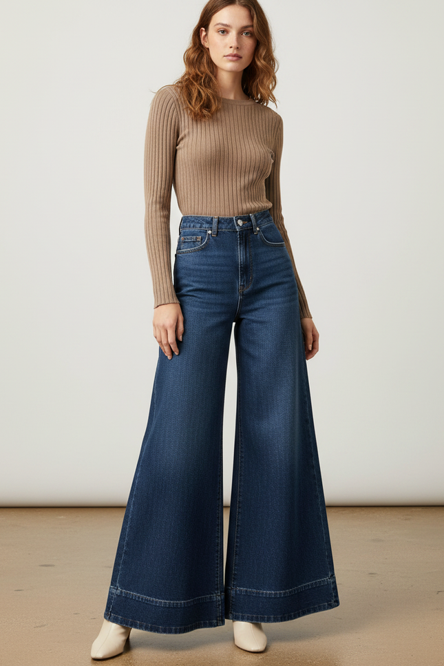 Pantalon Patte D'Éléphant Taille Haute Denim Bleu Ample - Jean