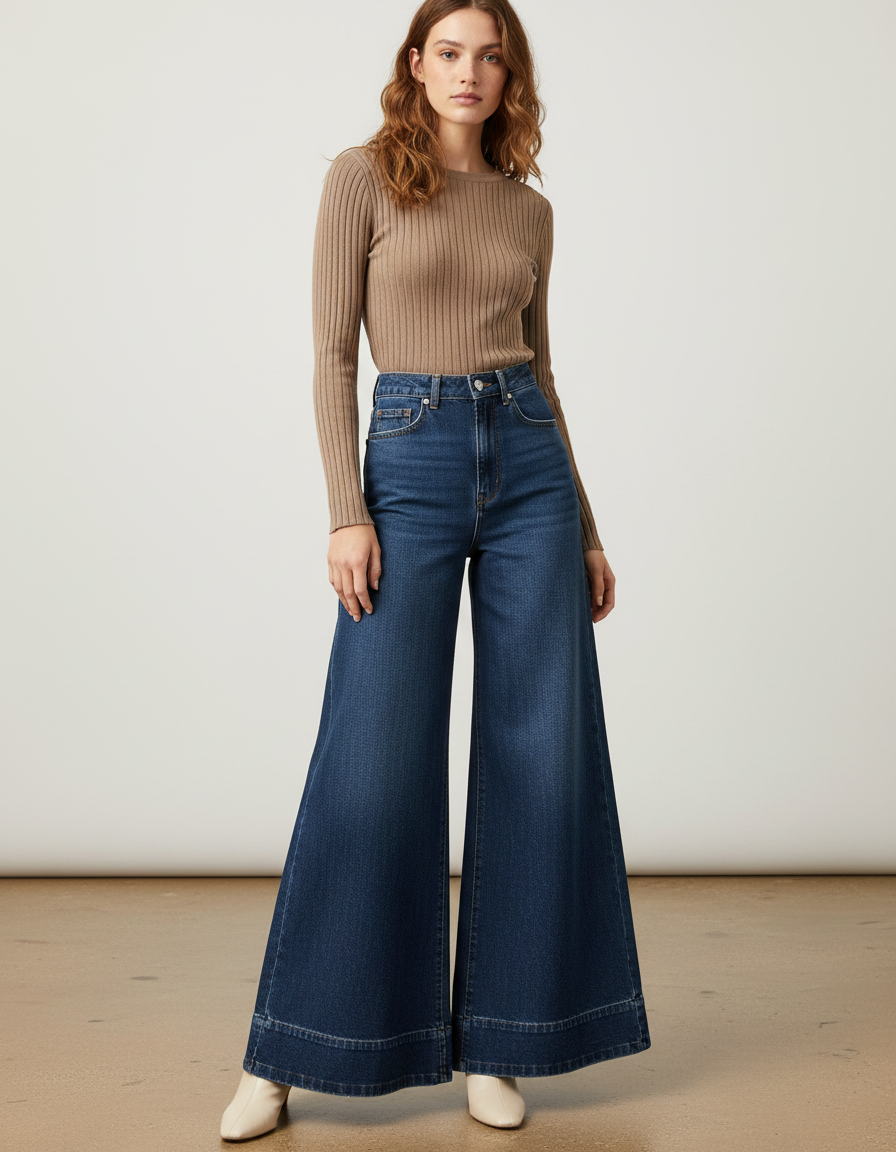 Pantalon Patte D'Éléphant Taille Haute Denim Bleu Ample - Jean