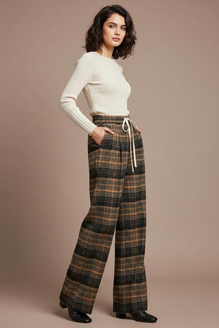 Pantalon Patte D'Éléphant Écossais Ample Taille Haute Hiver - Multicolore Tweed
