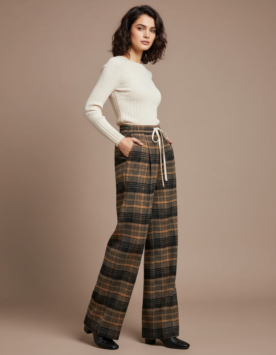 Pantalon Patte D'Éléphant Écossais Ample Taille Haute Hiver - Multicolore Tweed